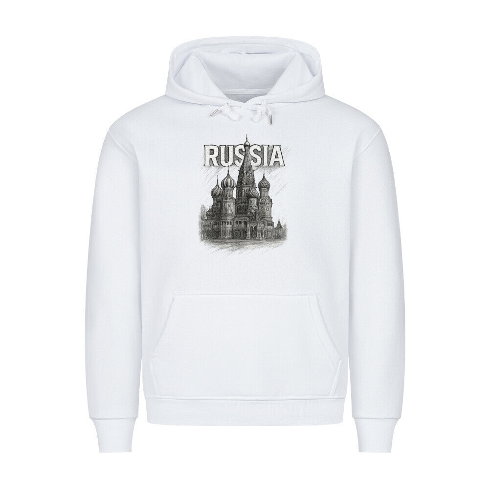 Grauer Pelasgia Hoodie mit Russia Moscow Print, weicher Stoff, kuscheliger Pullover für Damen und Herren.