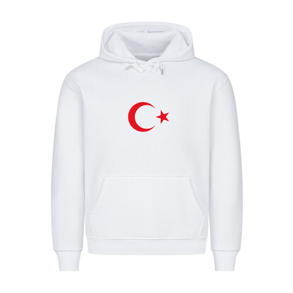 Hoodie von Pelasgia mit türkischem Flaggen-Design, weiche Baumwolle, bequemes Unisex-Kleidungsstück, frontal fotografiert.