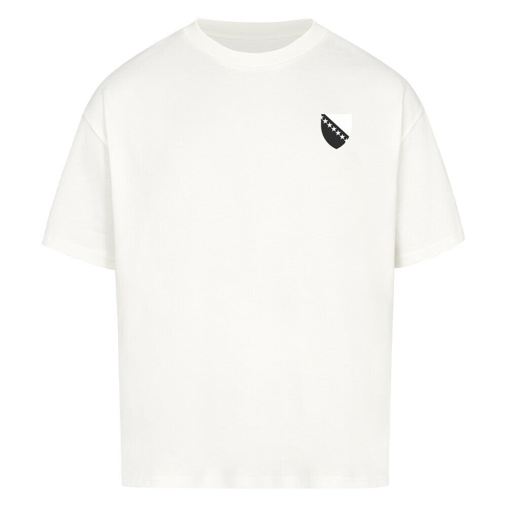 Lässiges Oversized T-Shirt von Pelasgia mit Bosnien-Design, blaues Baumwollshirt für Herren, frontal fotografiert