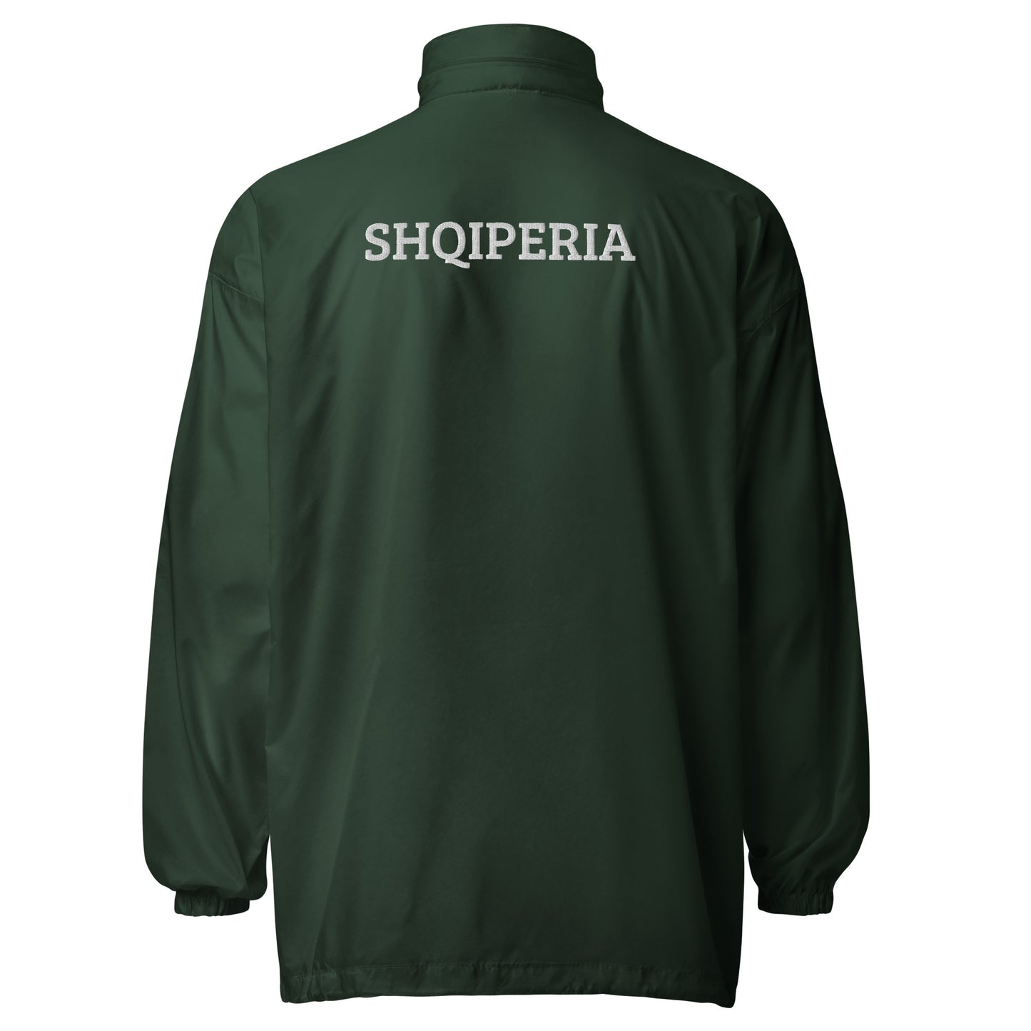 Unisex Windbreaker Jacke von Pelasgia in dunkelgrün, leichte Regenjacke, Rückansicht, robuste Outdoor-Bekleidung