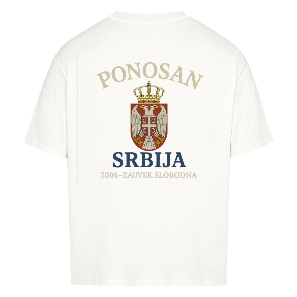 Weißes Oversized T-Shirt von MarketPrint mit Herzmotiv und "Srce Srbije" Druck, bequemes Baumwollshirt für Damen und Herren.
