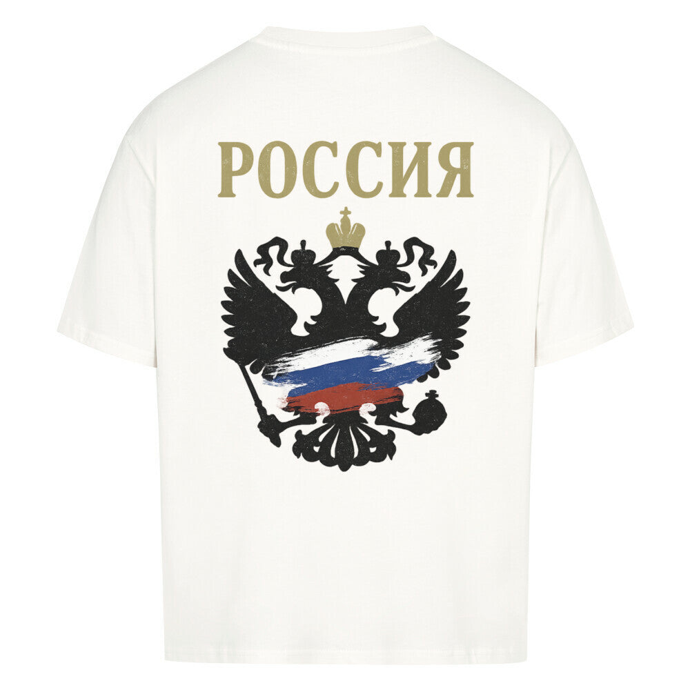 Graues oversized T-Shirt mit Russland-Design und Aufdruck "Россия – Моя Душа" von MarketPrint, locker geschnitten.