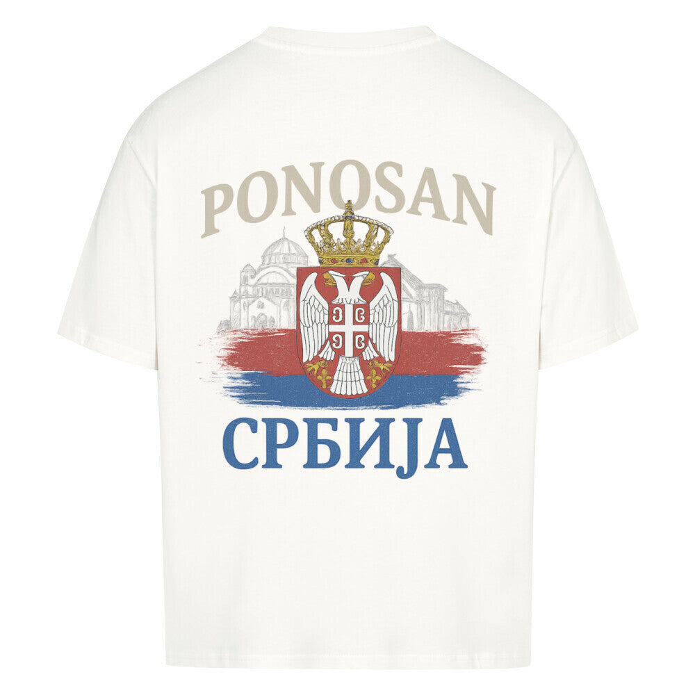 Großes T-Shirt "Срце Србије" von Pelasgia, weiches Baumwollshirt mit Herz-Design, lässiger Stil, für Männer und Frauen.