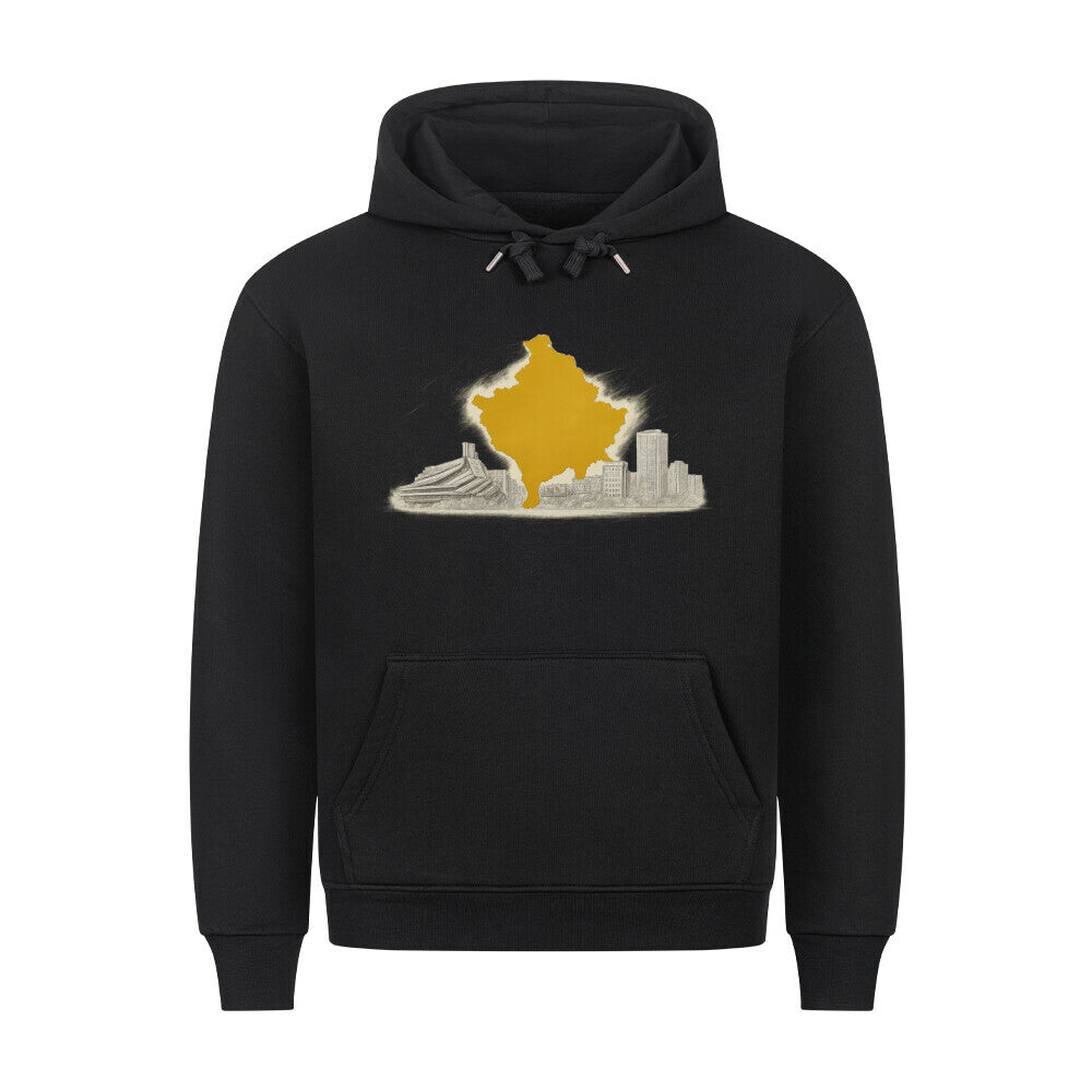Graue Pelasgia Golden Roots Kosovo Hoodie mit goldenen Stickereien und Kapuze, bequemer Unisex-Hoodie aus Baumwolle.