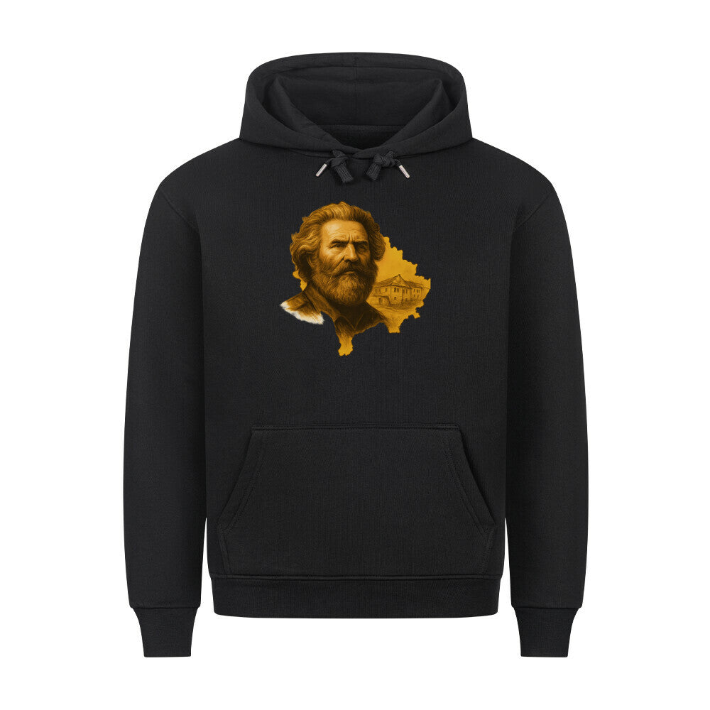 Pelagia Premium Hoodie LEGJENDA E PREKAZIT in dunklem Stoff, Kapuze und Kordelzug, bequemer Fit, sportlicher Stil.