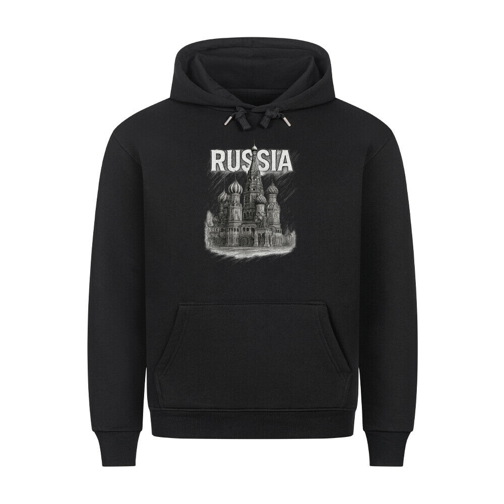 Grauer Pelasgia Hoodie mit Russland Moskau Druck, bequemer Kapuzenpullover für Damen und Herren.