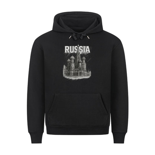 Grauer Pelasgia Hoodie mit Russland Moskau Druck, bequemer Kapuzenpullover für Damen und Herren.