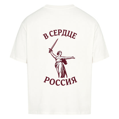 Russen Heimatliebe Oversized T-Shirt von Pelasgia, weiß mit rotem Russland-Design, locker geschnitten, bequemes Baumwollshirt