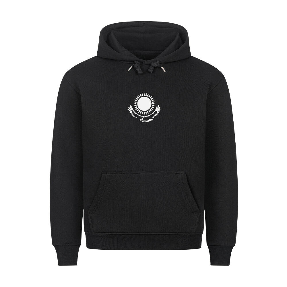 Hoodie von Pelasgia mit Kasachstan-Design, bequemer Pullover aus weichem Stoff, zeigt Flagge und Landkartenmuster auf der Vorderseite.