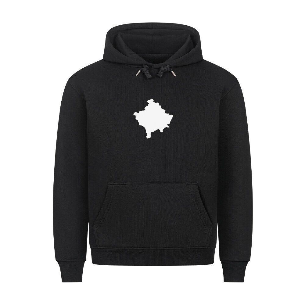 Hoodie von Pelasgia mit Kosovo-Design, bequemer Schnitt, aus weicher Baumwolle, in dunkler Farbe, auf einem weißen Hintergrund.