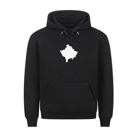Hoodie von Pelasgia mit Kosovo-Design, bequemer Schnitt, aus weicher Baumwolle, in dunkler Farbe, auf einem weißen Hintergrund.