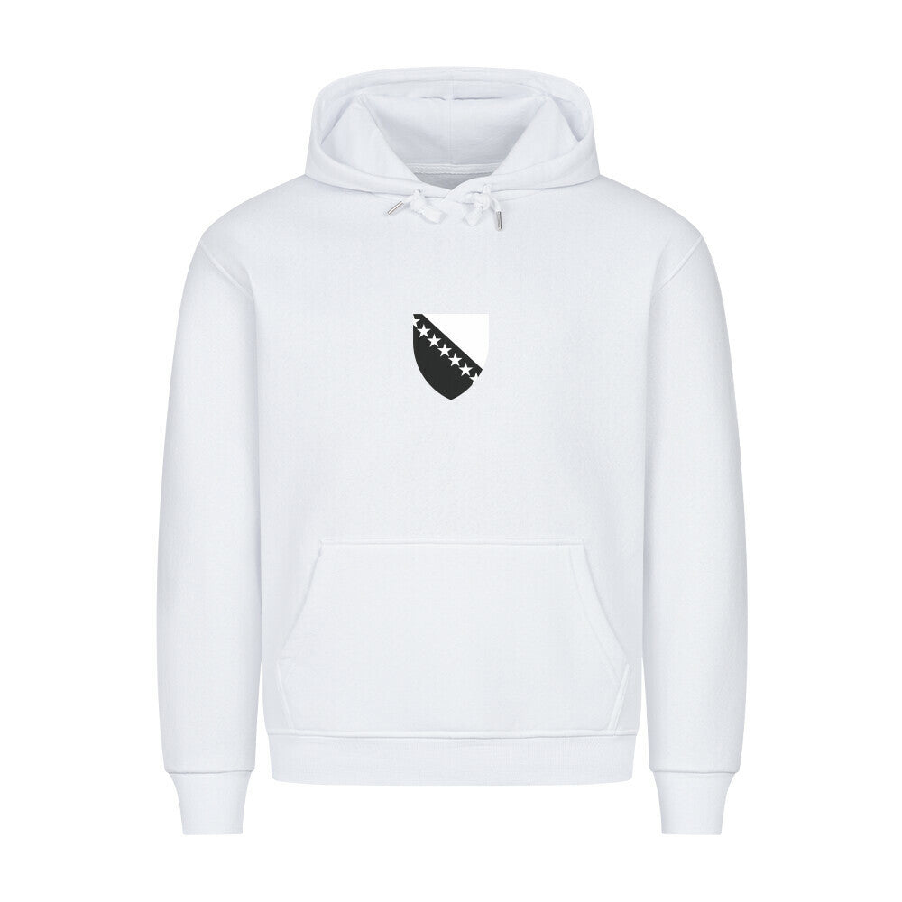 Hoodie von Pelasgia mit Bosnien-Design, bequemes Sweatshirt aus weichem Stoff, zeigt Flagge und landestypische Muster auf der Vorderseite.