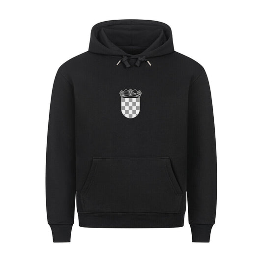 Grauer Pelasgia Hoodie mit Kroatien-Design, weiches Material, für Komfort und Stil, auf einem weißen Hintergrund fotografiert