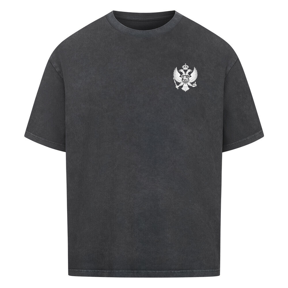 Schwarzes oversized T-Shirt von Pelasgia mit Montenegro-Print, lockerer Fit, aus weichem Baumwollstoff.