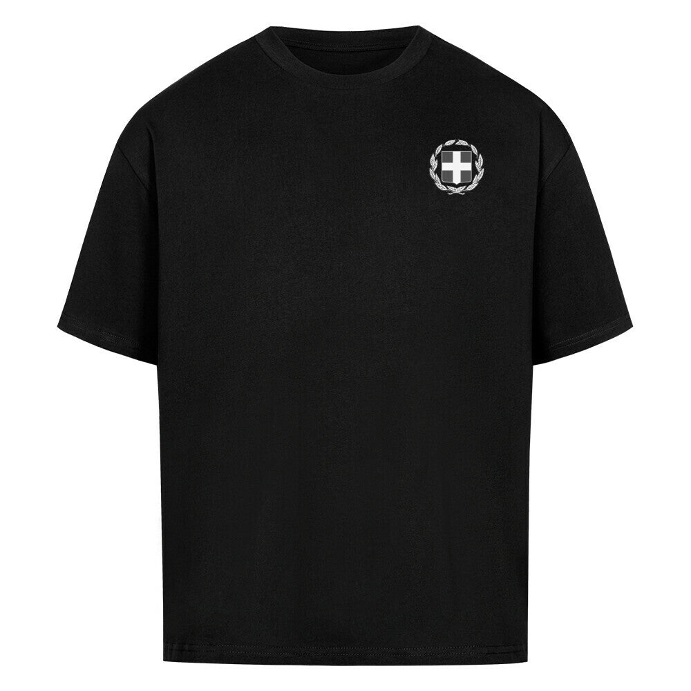 Graues Oversized T-Shirt von Pelasgia mit Griechenland-Design, lockerer Schnitt und bequemer Passform, auf weißem Hintergrund.