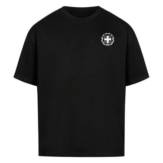 Graues Oversized T-Shirt von Pelasgia mit Griechenland-Design, lockerer Schnitt und bequemer Passform, auf weißem Hintergrund.