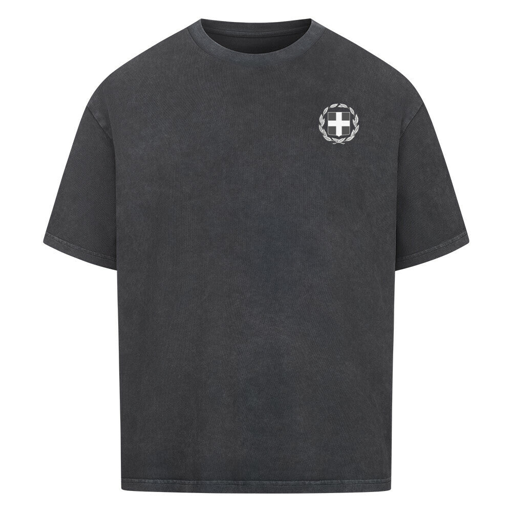 Graues Oversized T-Shirt von Pelasgia mit Griechenland-Design, weiches Baumwollmaterial, lässiger Stil, frontales Druckmotiv.