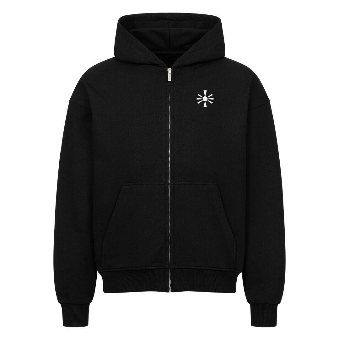 Pelagia Zip-Hoodie in Mazedonien Design, bequemer schwarzer Hoodie mit Reißverschluss und Kapuze, angenehmer Stoff, sportlicher Stil