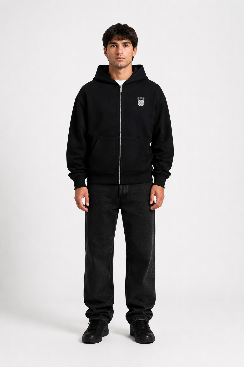 Grauer Kroatien Zip-Hoodie von MarketPrint, bequemer Hoodie mit Kroatien-Design, Nahaufnahme des Stoffes und Reißverschluss