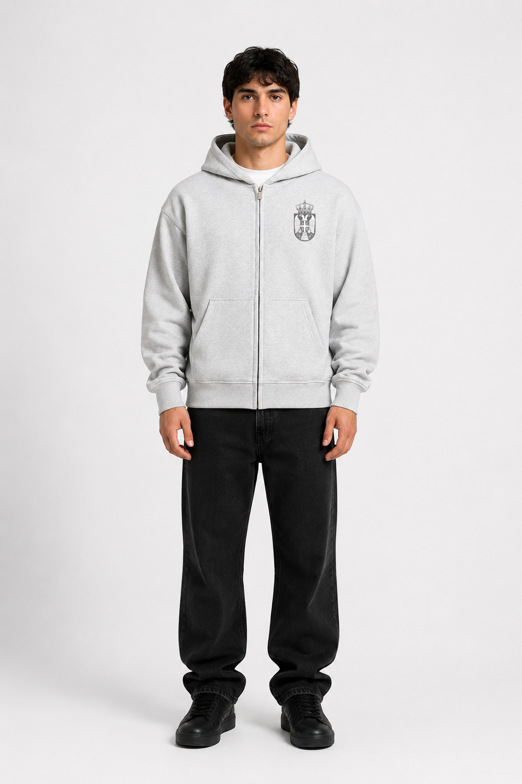 Grauer Pelasgia Zip-Hoodie mit Kapuze und Reißverschluss, bequemes Sweatshirt für Männer und Frauen.