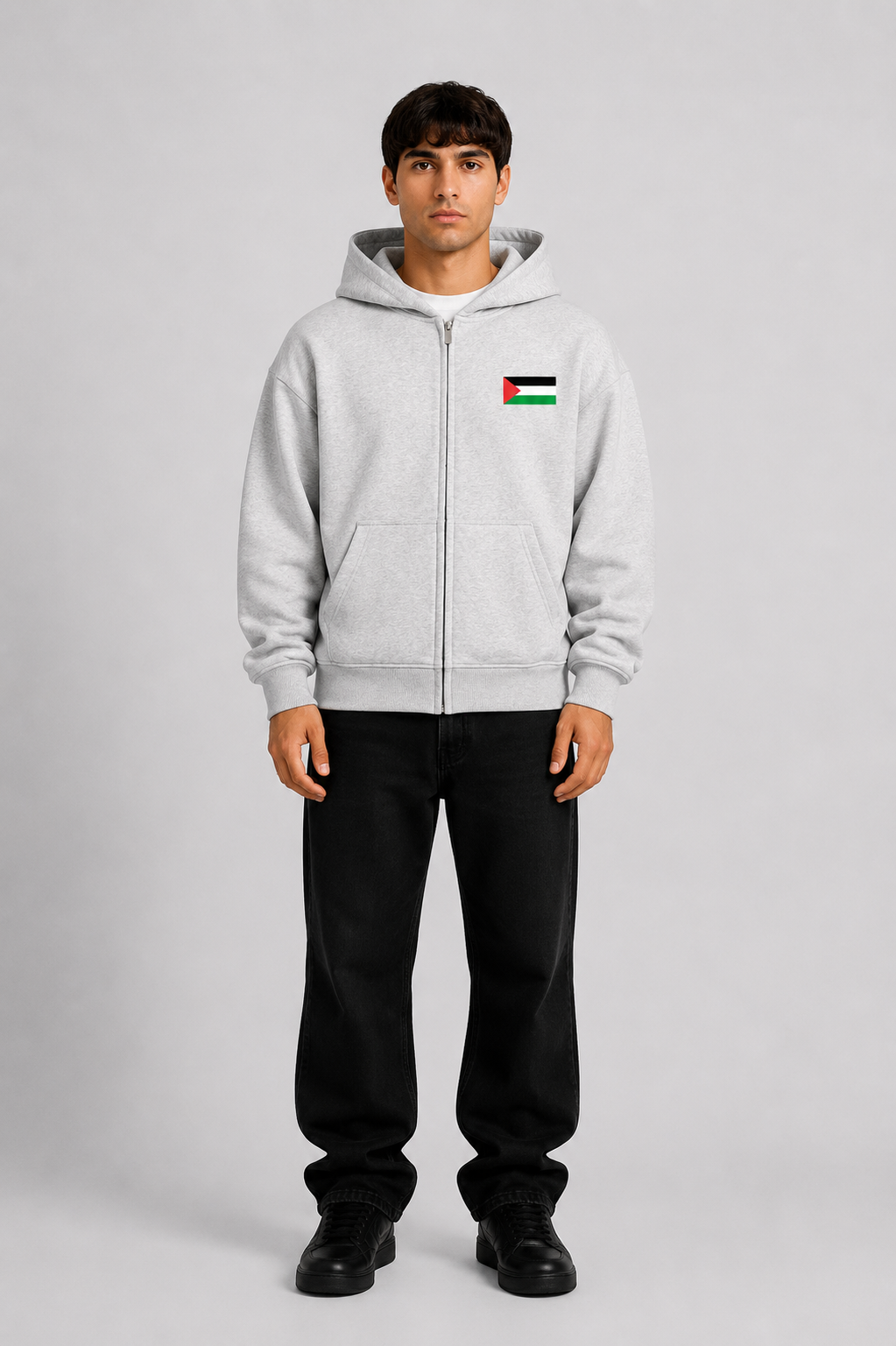 Grauer Pelasgia Zip-Hoodie mit Palästina-Design, Kapuze und Reißverschluss, lässiger Hoodie für Damen und Herren.