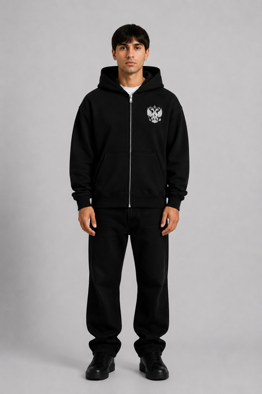 Grauer Pelasgia Zip-Hoodie mit Russland-Print, bequemer Hoodie aus weichem Material, ideal für kalte Tage.