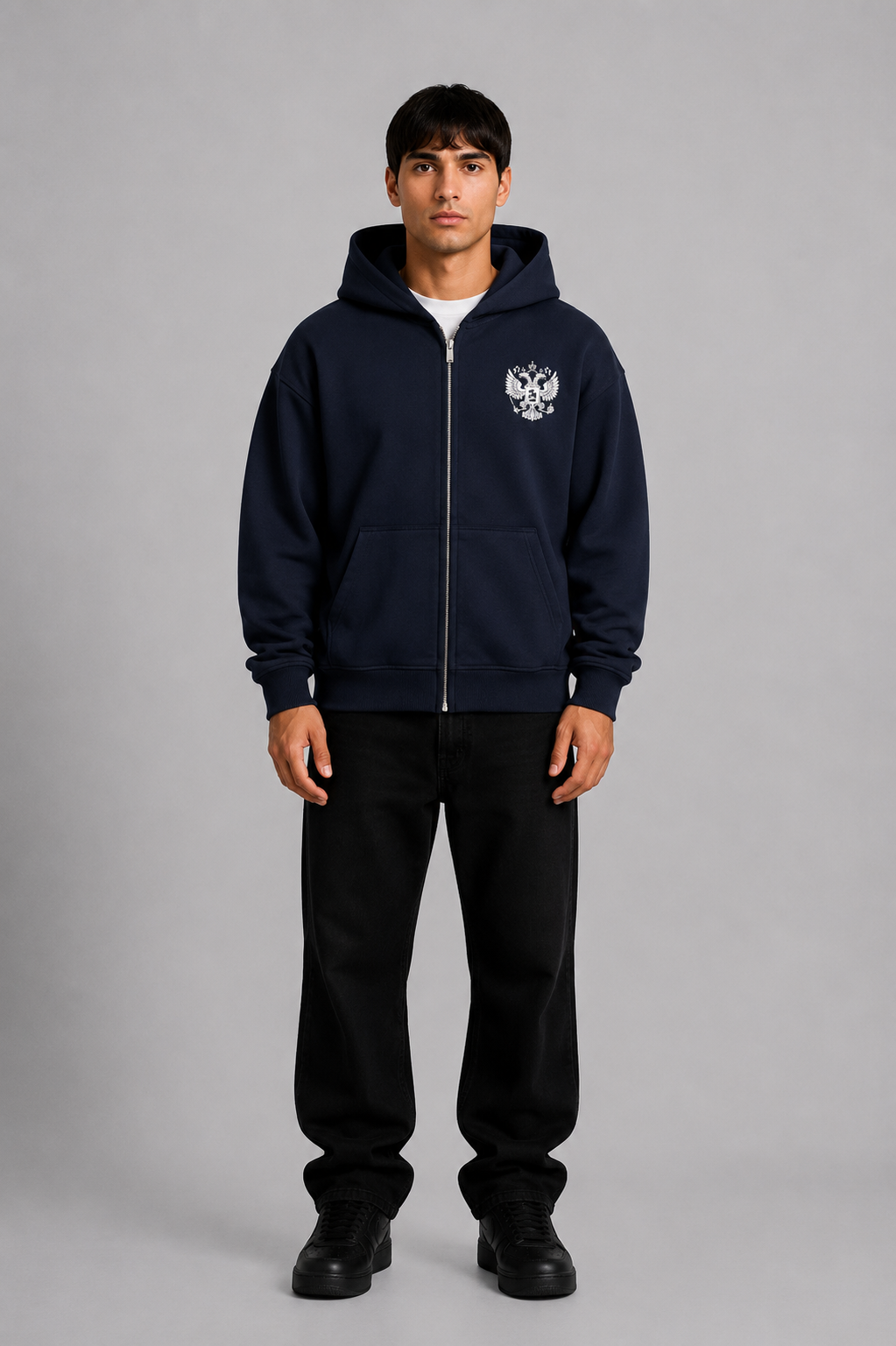 Grauer Pelasgia Zip-Hoodie mit Russland-Print, bequemer Hoodie aus weichem Material, lässiger Style für kalte Tage