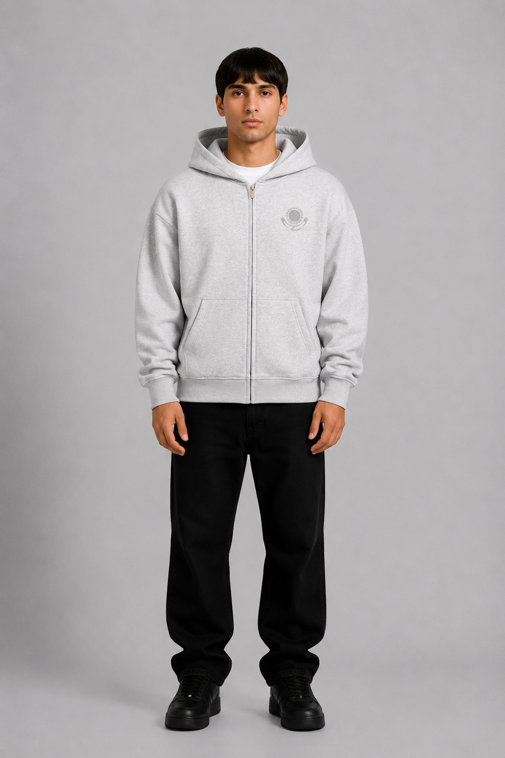 Grauer Pelasgia Zip-Hoodie mit Kasachstan-Print, bequemer Hoodie aus weichem Material, für stylisches Casual-Outfit