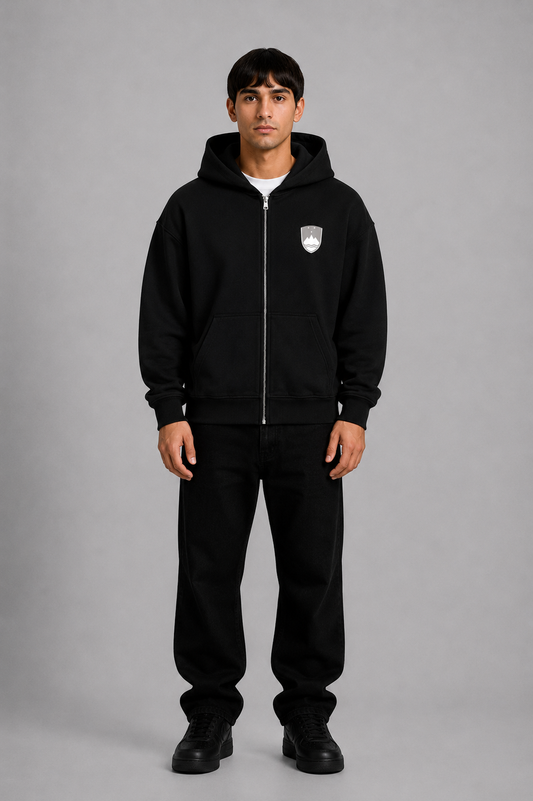 Grauer Zip-Hoodie von Pelasgia mit Slowenien-Design, weicher Stoff, bequemes Kapuzen-Shirt für Damen und Herren.