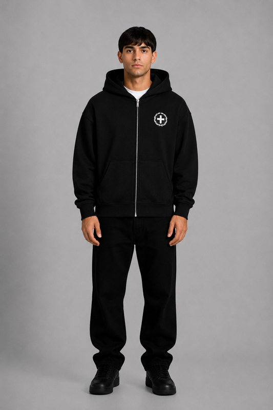 Grauer Pelasgia Zip-Hoodie mit Griechenland-Print, bequemes Hoodie aus weichem Material, ideal für Freizeit und Alltag.