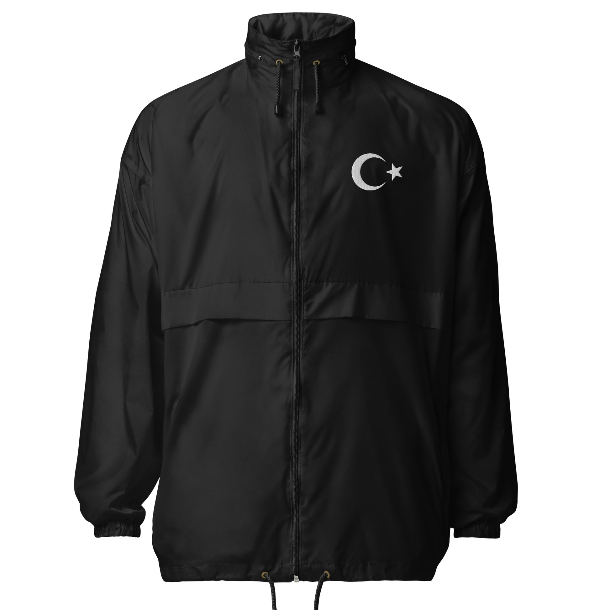 Unisex schwarze Windbreaker-Jacke von Pelasgia, vorneansicht, leichte und wasserabweisende Outdoor-Jacke für den Alltag.