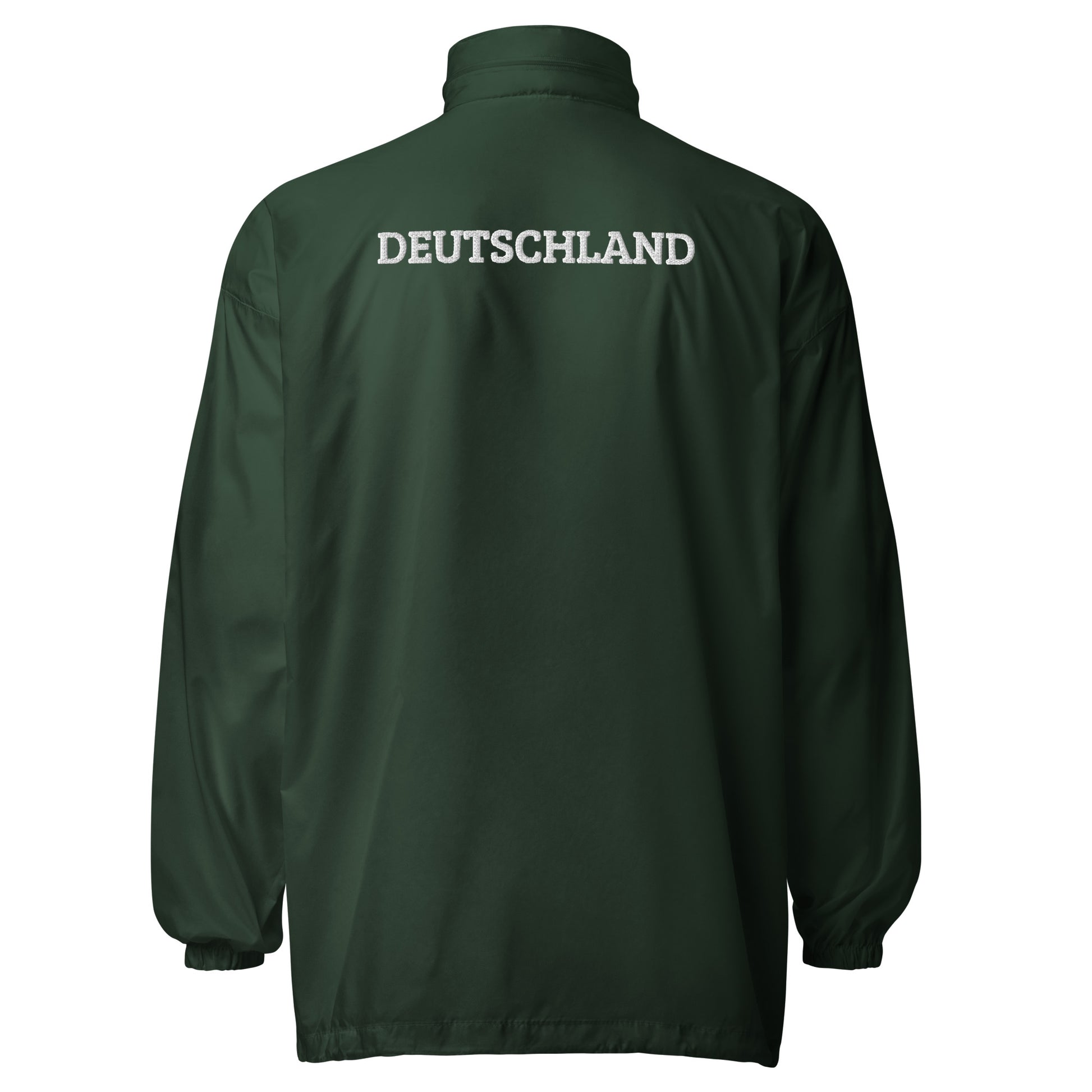 Unisex Windbreaker Jacke von Pelasgia in Waldgrün, Rückenansicht, leichte und vielseitige Outdoor-Bekleidung