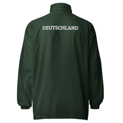Unisex Windbreaker Jacke von Pelasgia in Waldgrün, Rückenansicht, leichte und vielseitige Outdoor-Bekleidung