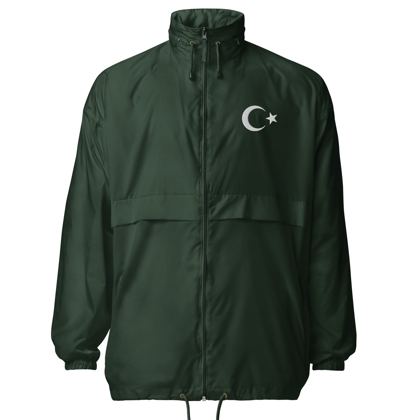 Unisex Windbreaker Jacke von Pelasgia in Waldgrün, frontansicht, leichte winddichte Jacke für unterwegs.